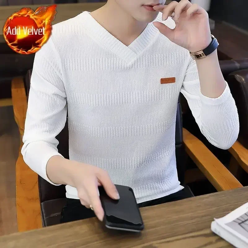 thumbnail image 1 of Suéter de punto para hombre, jersey ajustado, ropa para hombre, color liso, blanco, cuello en V, novedad en Maletry, otoño-primavera coreano 2024, 1 of 5