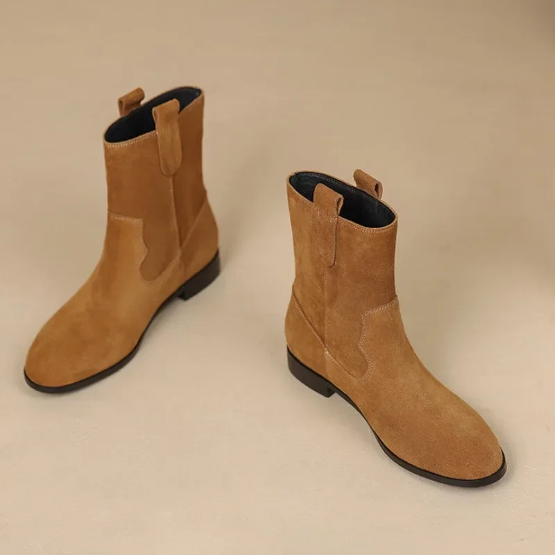 2023 Women Ankle Boots Suede Leather Round Toe Slip on Boots Office Lady Autumn Winter Soft Shoes for Female Retro Botas Mujer