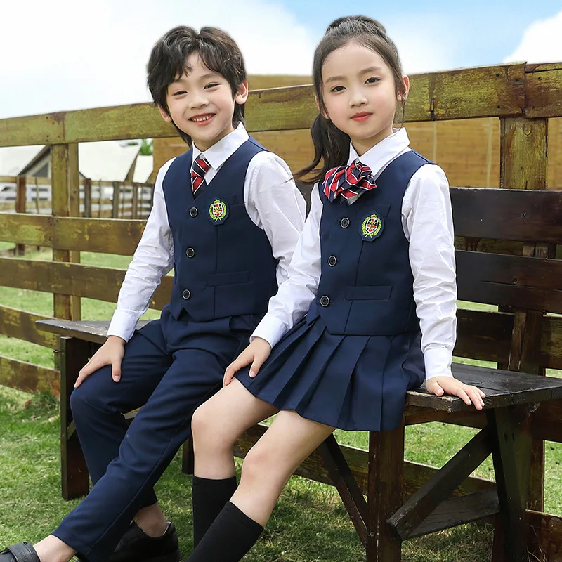Kid Korean Japanese School Uniform for Boy Girl White Shirt Navy Skirt Pants Waistcoat Vest Tie Clothes Set Student Outfit Suit japanese school uniform