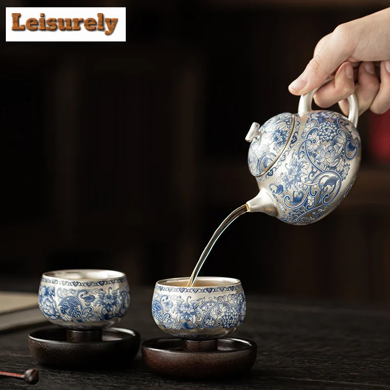 Handmade Gilt Silver Twining Lotus Tea Set Complete Japanese Tea Ceremony Set Teapot And Tea Cup Set Chinese Tea Set Collection