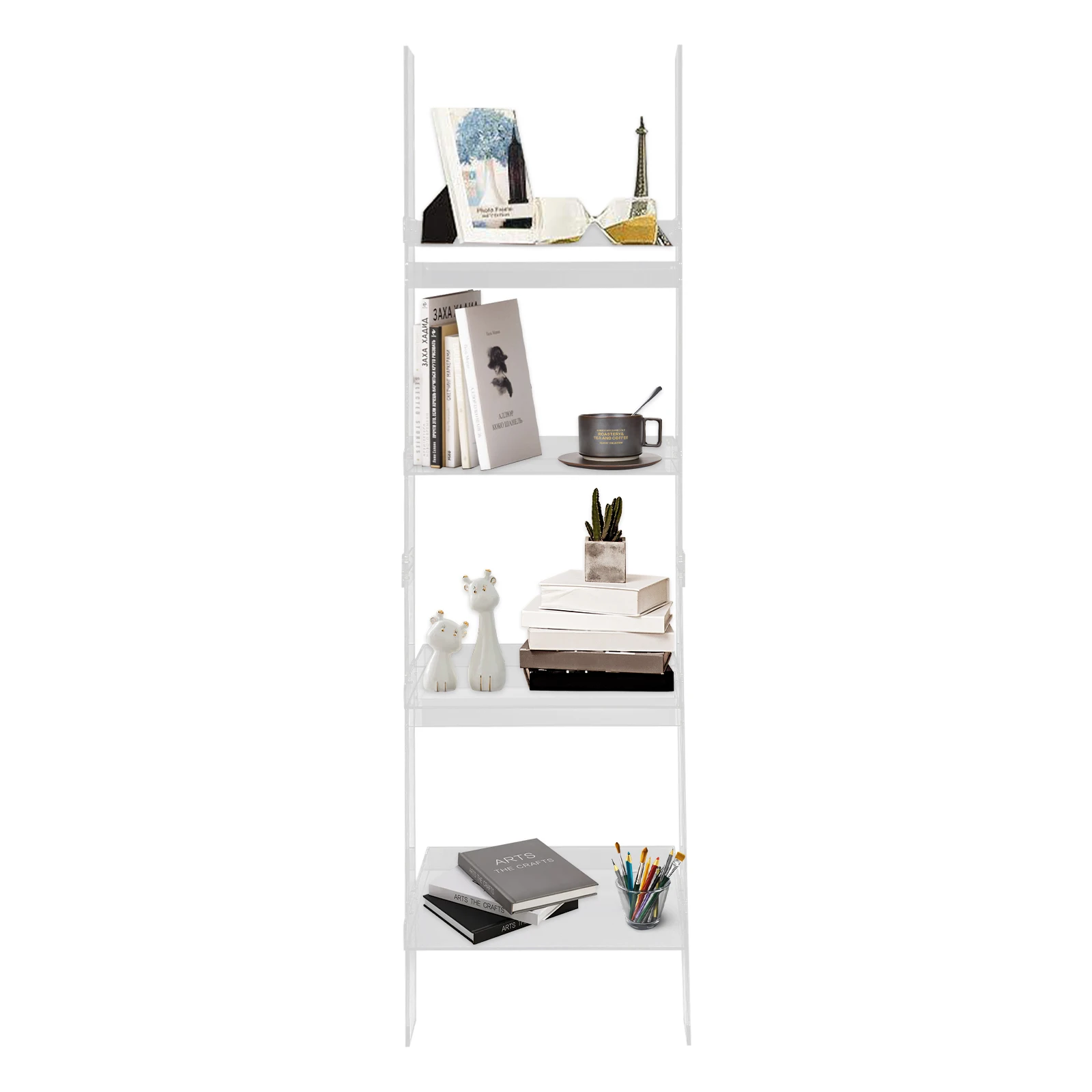 4-Tier Leaning Book Shelf Acrylic Ladder Bookshelf 20.47*72in