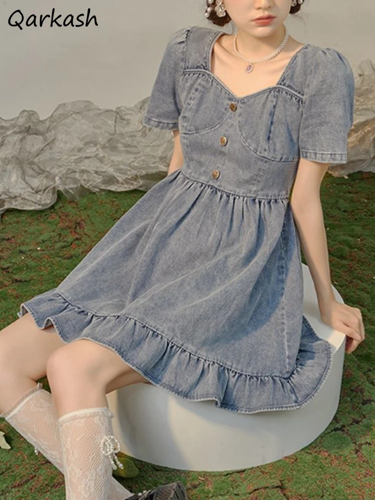 

Denim Short Sleeve Dresses Women Ruffles High Waist Casual Sweet Girlish Design Hot Sale Stylish Summer Mujer Ropa Ulzzang Chic