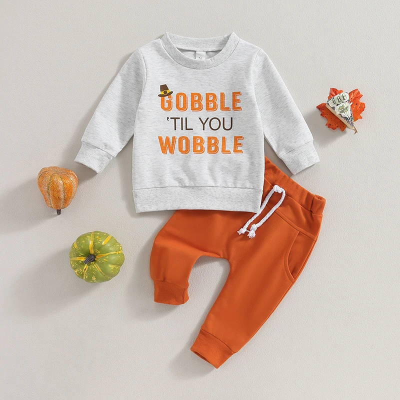 

2023-08-02 Lioraitiin 0-3Years Toddler Boys Thanksgiving Pants Sets Long Sleeve Letter Print Sweatshirt Tops Drawstring Pants