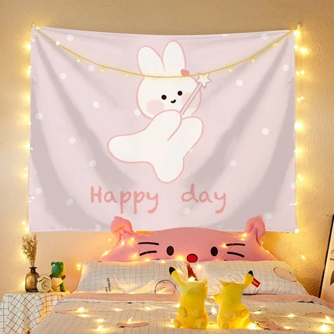 Background Cute Little White Rabbit Tapestry Home Bedroom Bedside Decoration Tapestry Dormitory Bedside Decoration Cloth