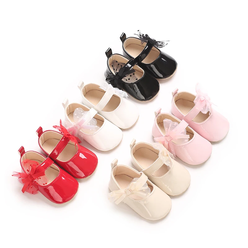 Girls' Baby Shoes Bow Princess Flat Bottom Anti slip Soft Bottom Walking Newborn Crib Dress Shoes 0-18M 1