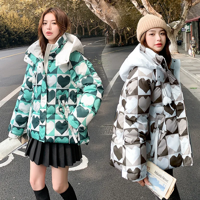 

Women'S Winter Short Cotton Coat 2023 New Love Print Contrast Cotton Padded Jacket Women Warm Thicken Jacket Winter Parkas