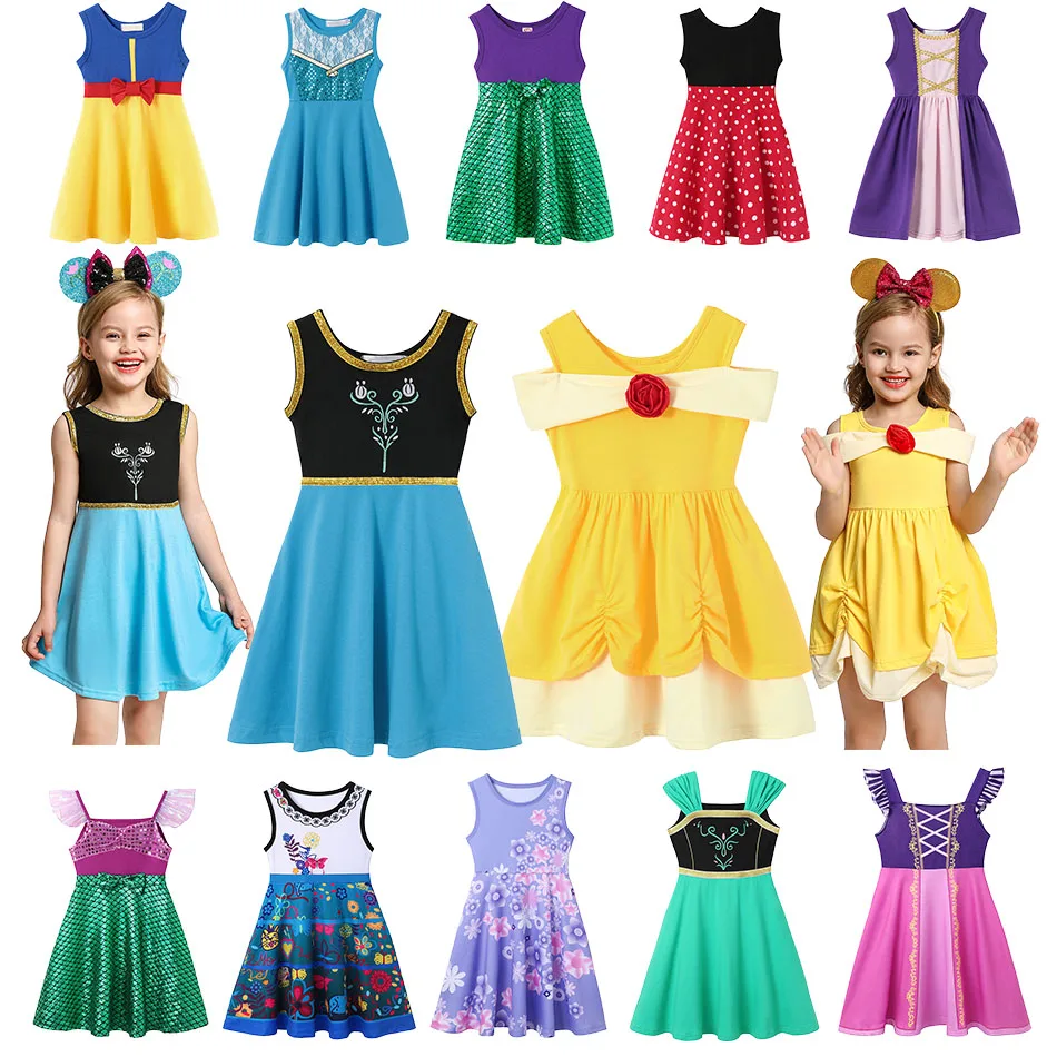 

Girls Summer Casual Princess Vest Dress Cotton Knee Length Sundress Toddler Elsa Anna Belle Mermaid Cosplay Clothing 2-7 Years