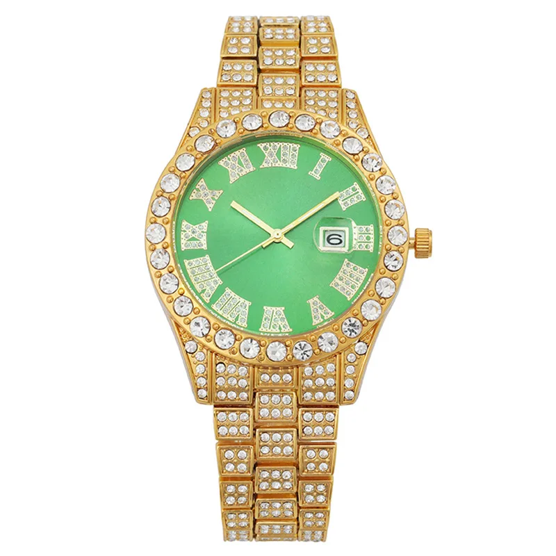 

Luxury Top Brand Mens Watch Gold Full Diamond Iced Out Hip Hop Roman Digital Calendar Waterproof Male Quartz Wrist Watches Reloj