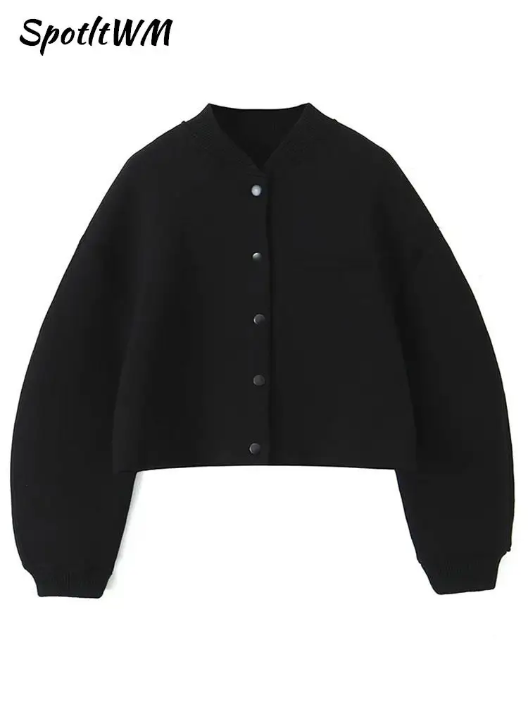

Women Fashion Solid Cropped Coat Elegant O Neck Thick Warm Long Sleeve Outerwear Autumn Winter Street Single Breasted Jackets