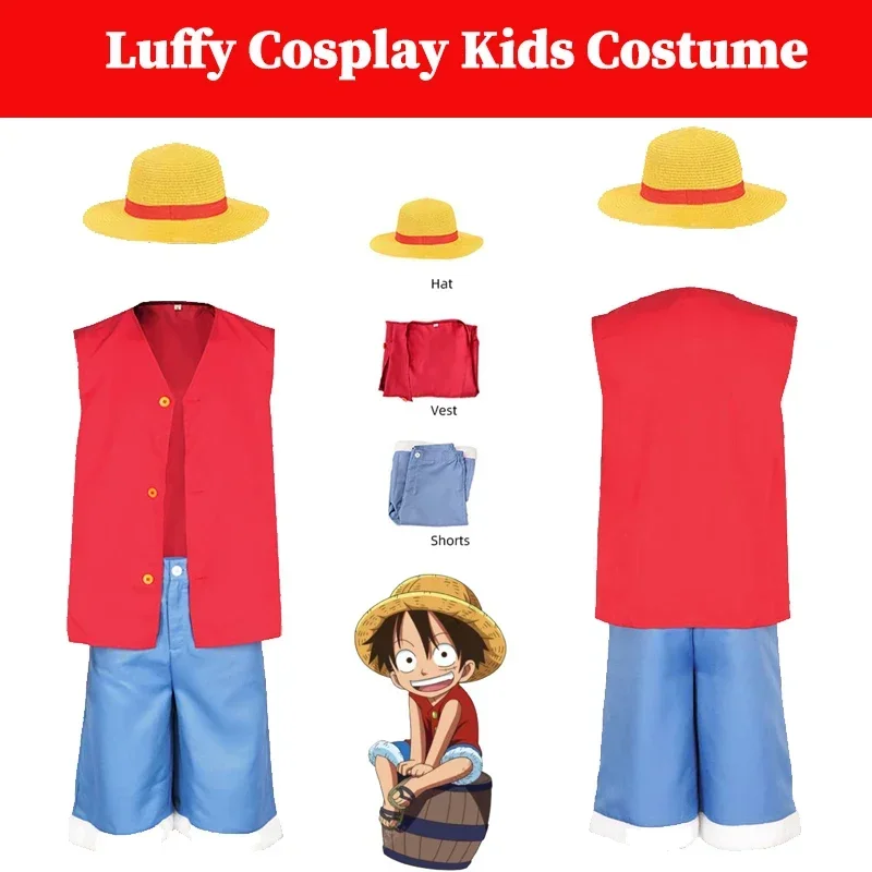 

Kids Luffy Cosplay Anime One Cos Piece Disguise Costume Coat Pants Hat Children Beach Clothing Halloween Party RolePlay Suit