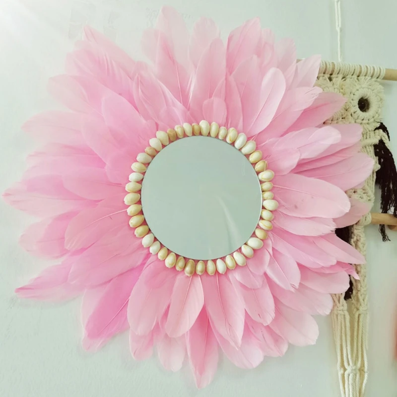 Handmade Macrame Feather Glass Wall Mirror Hanging Dressing Makeup Mirrors for Bathroom Living Room Bedroom