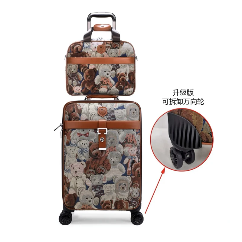 Hot! New Oxford cloth luggage sets Women Cartoon rolling luggage with handbag Men Retro trolley suitcase travel bag carry-ons