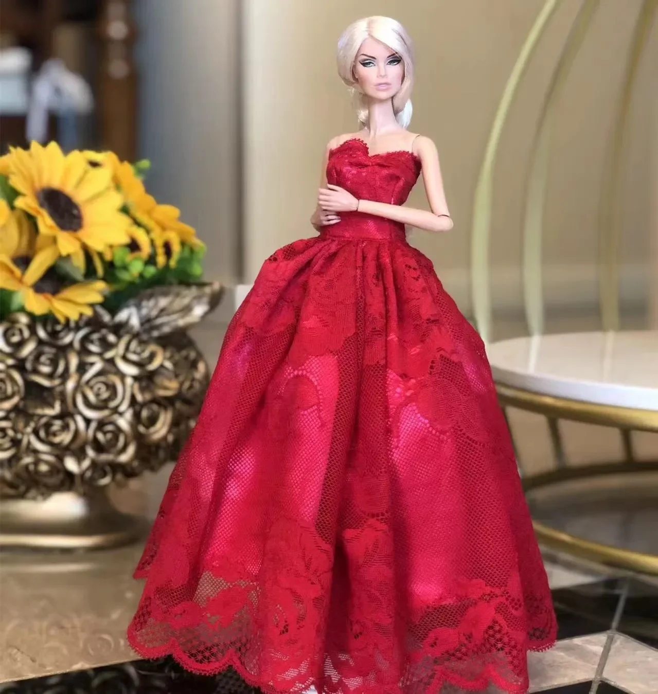 1/6 BJD Red Off Shoulder Floral Wedding Dress For Barbie Outfits Clothing For Barbie Doll Clothes Evening Gown Accessories 11.5