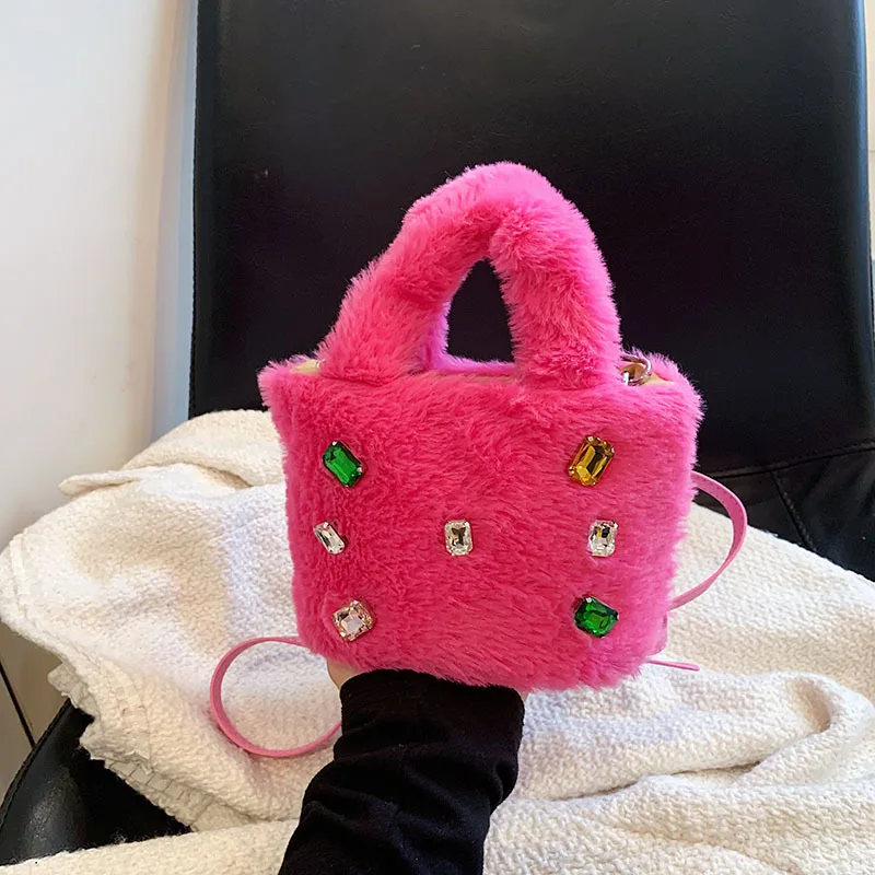 Candy Color Plush Tote Mini Diamonds Women's Handbags Rhinestone Faux Fur Bags for Women Winter Soft Shoulder Crossbody Bag Chic