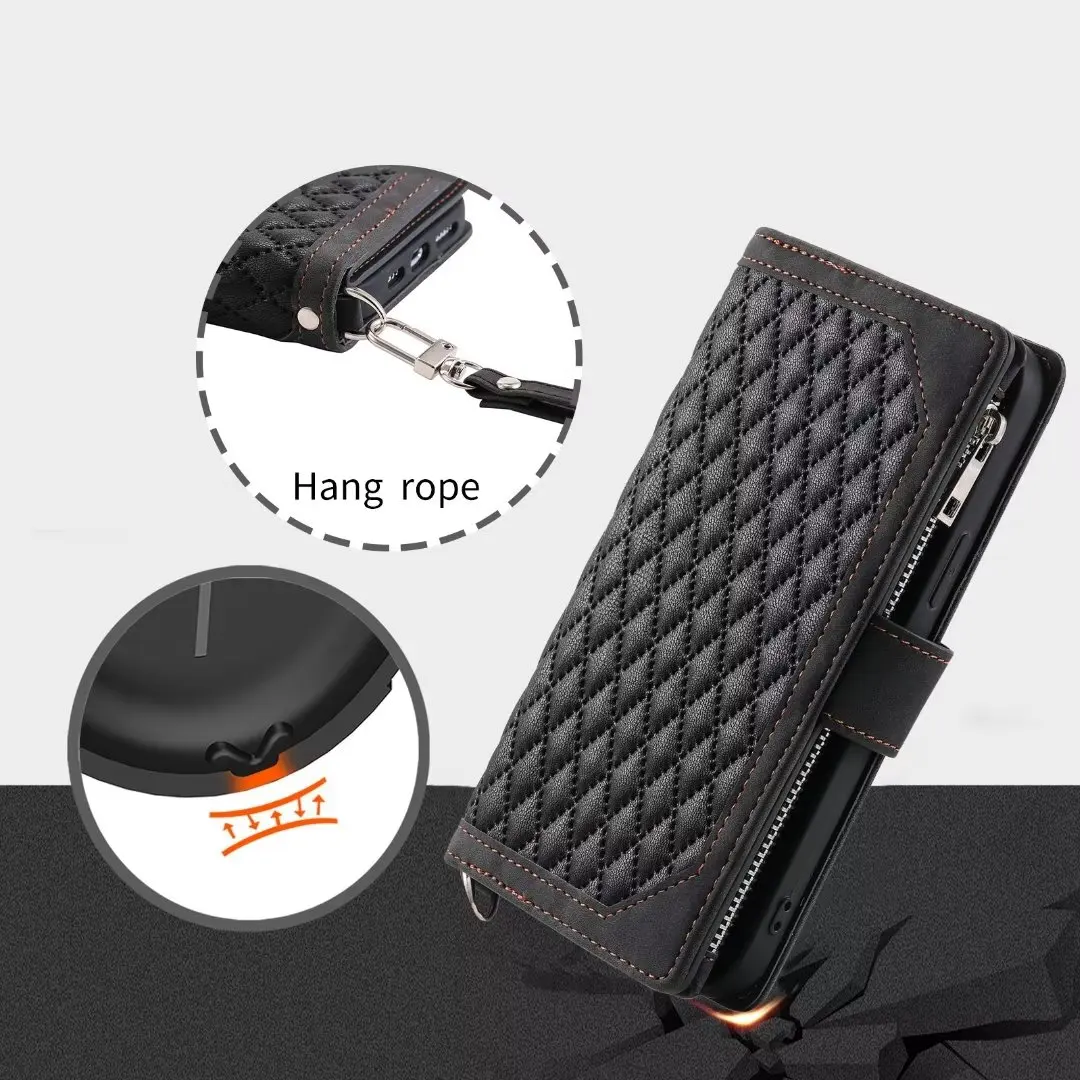 Fashion Zipper Wallet Case For Xiaomi Mi 9 Lite Flip Cover Multi Card Slots Cover Phone Case Card Slot Folio with Wrist Strap