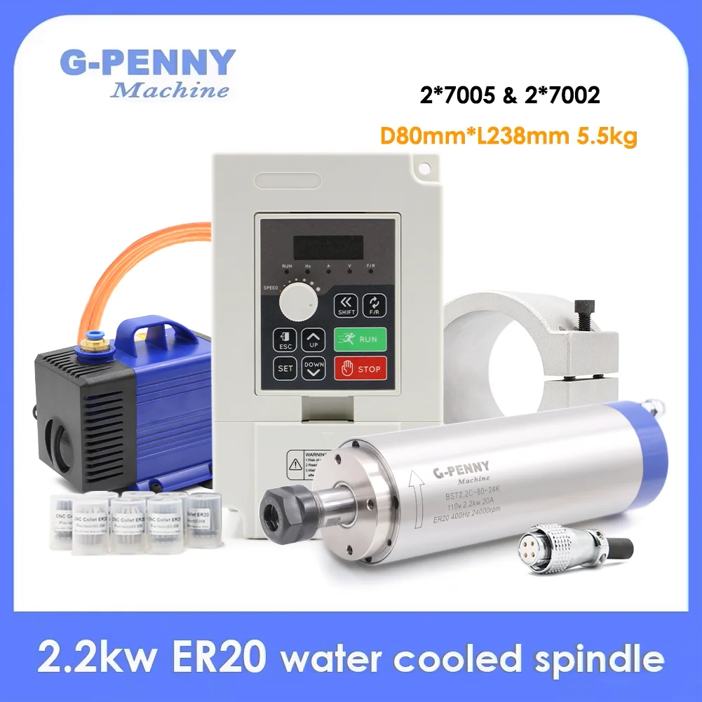 G-Penny 220V 2,2kW ER20 80mm Wassergekühlter Spindelmotor-Kit mit Keramikkugellager und 2,2kW H100 Wechselrichter für CNC-Fräsmaschine