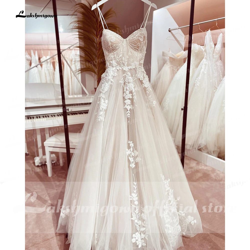 Princess Lace Wedding Dress Bridal Robe 2022 Vestido Spaghetti Straps Chapel Train Champagne Tulle Wedding Gown Lakshmigown 4