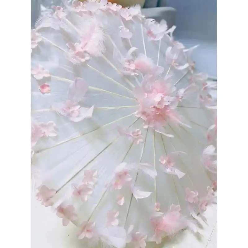 Pink Wedding Lolita Hanfu Costume Ribbon Bead Feather Oil Paper Props Chinese Beach Umbrella Parasol Guarda Chuva Parapluie