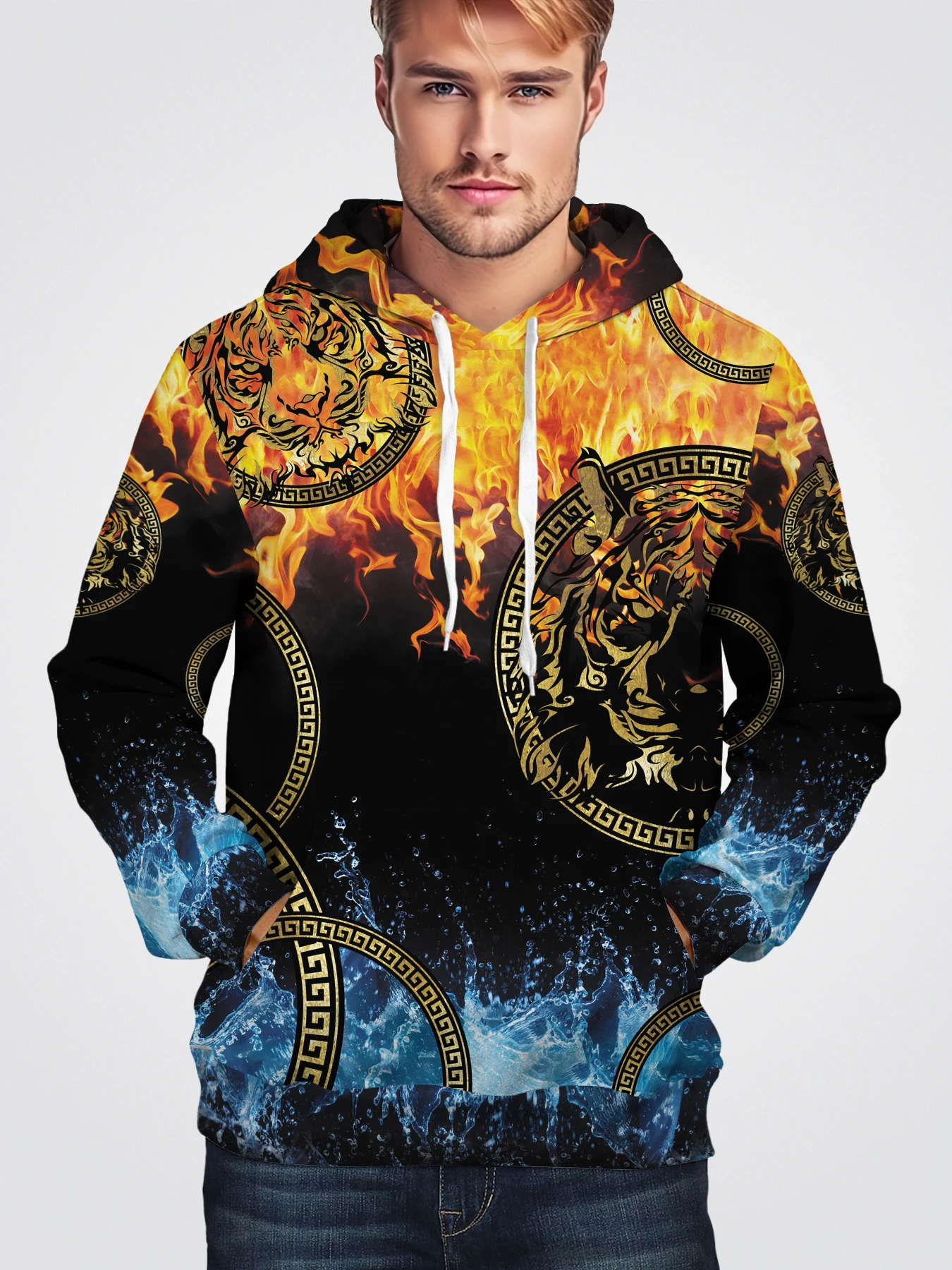 

Tiger Totem Pullover Long Sleeve Men's Hoodie Water And Flame Pattern Print Top Spring Autumn 3D Printed Clothing Streetwear