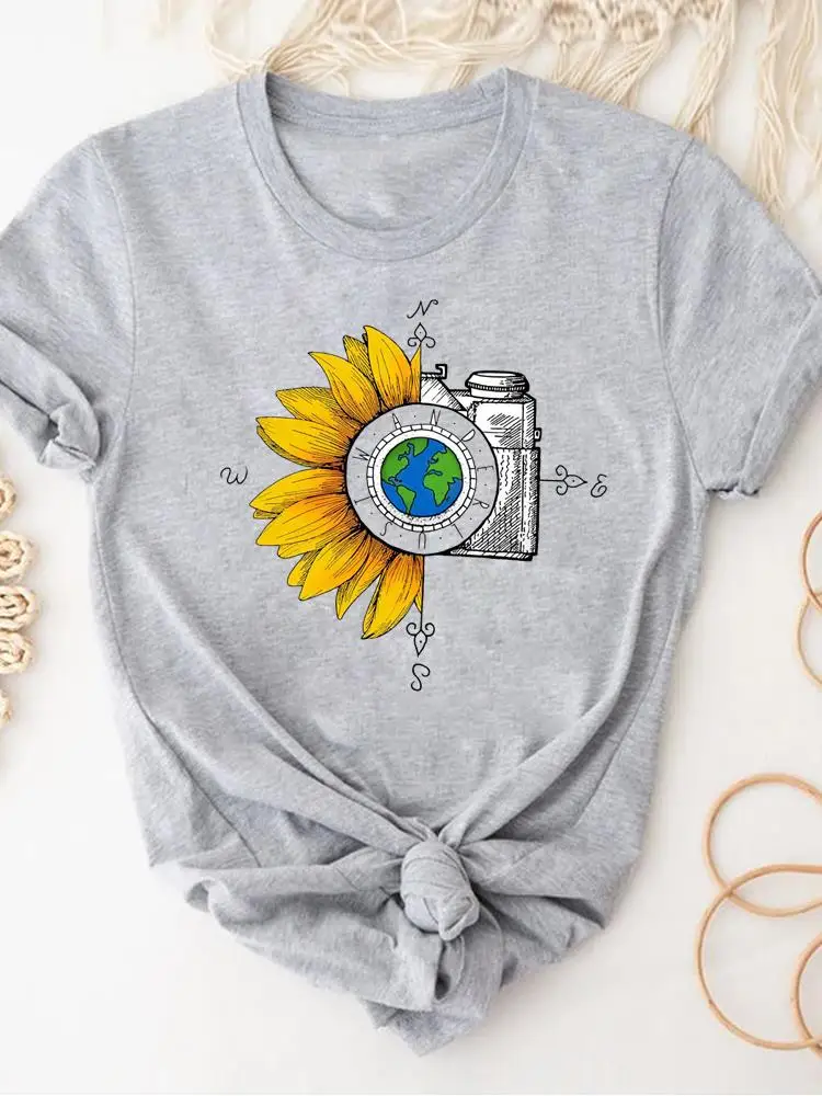 Women Clothing Print Gray T Shirt Short Sleeve Summer Top Plant Flower Trend Fashion Clothes Basic Tee Graphic T-shirt