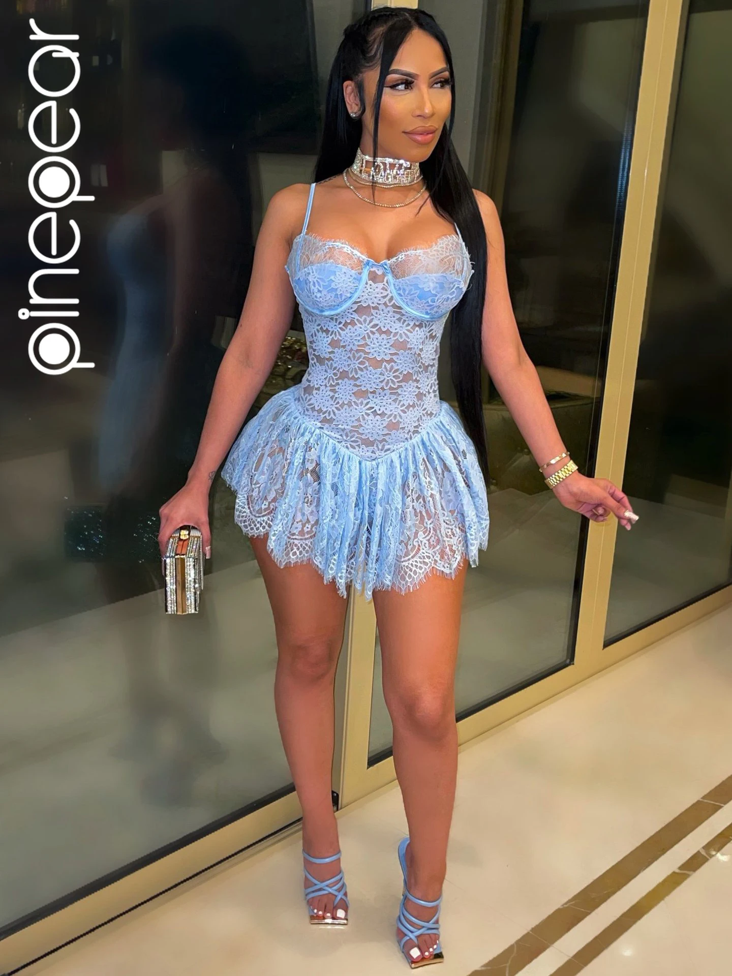 PinePear-Mini Robe Transparente en Dentelle pour Femme, Tenue de