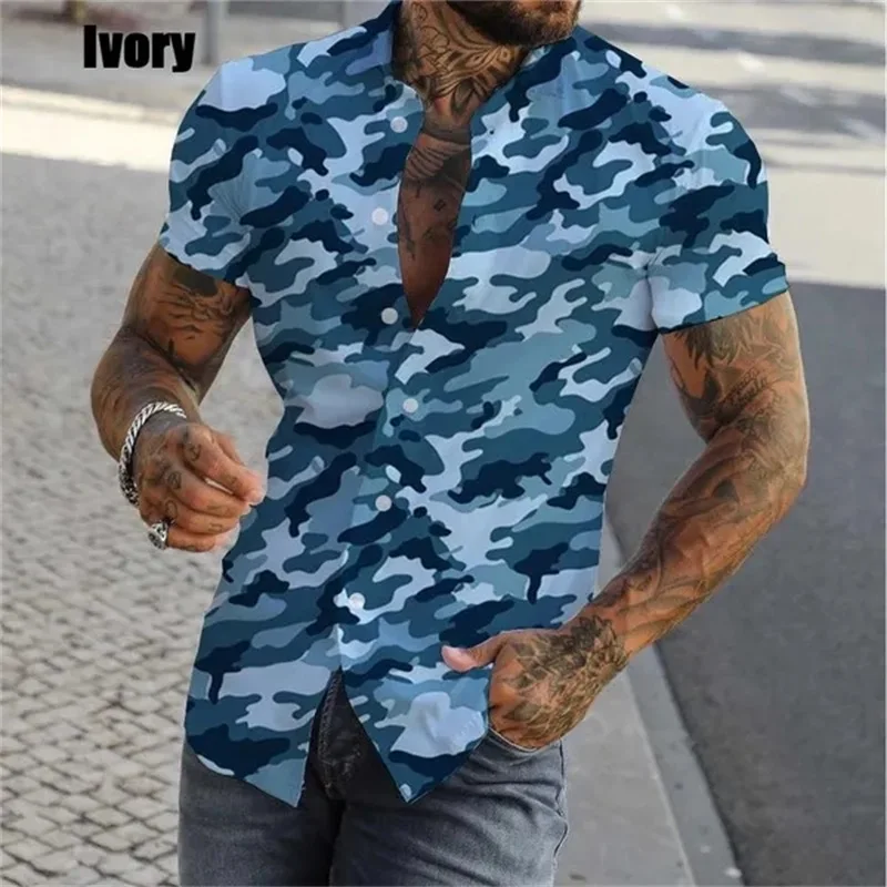 thumbnail image 1 of Camisa de camuflaje ajustada para hombre, camisas casuales con botones y manga corta con estampado 3D para hombre, camisas y blusas de talla grande, tops, ropa de hombre, 1 of 5