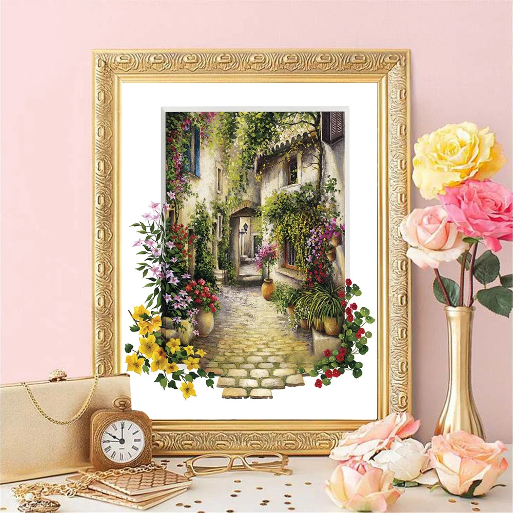 Huacan Diamond Painting Street Full Drill Square Round Mosaic House Flower Diamond Embroidery Kit Landscape Home Decor diamond painting