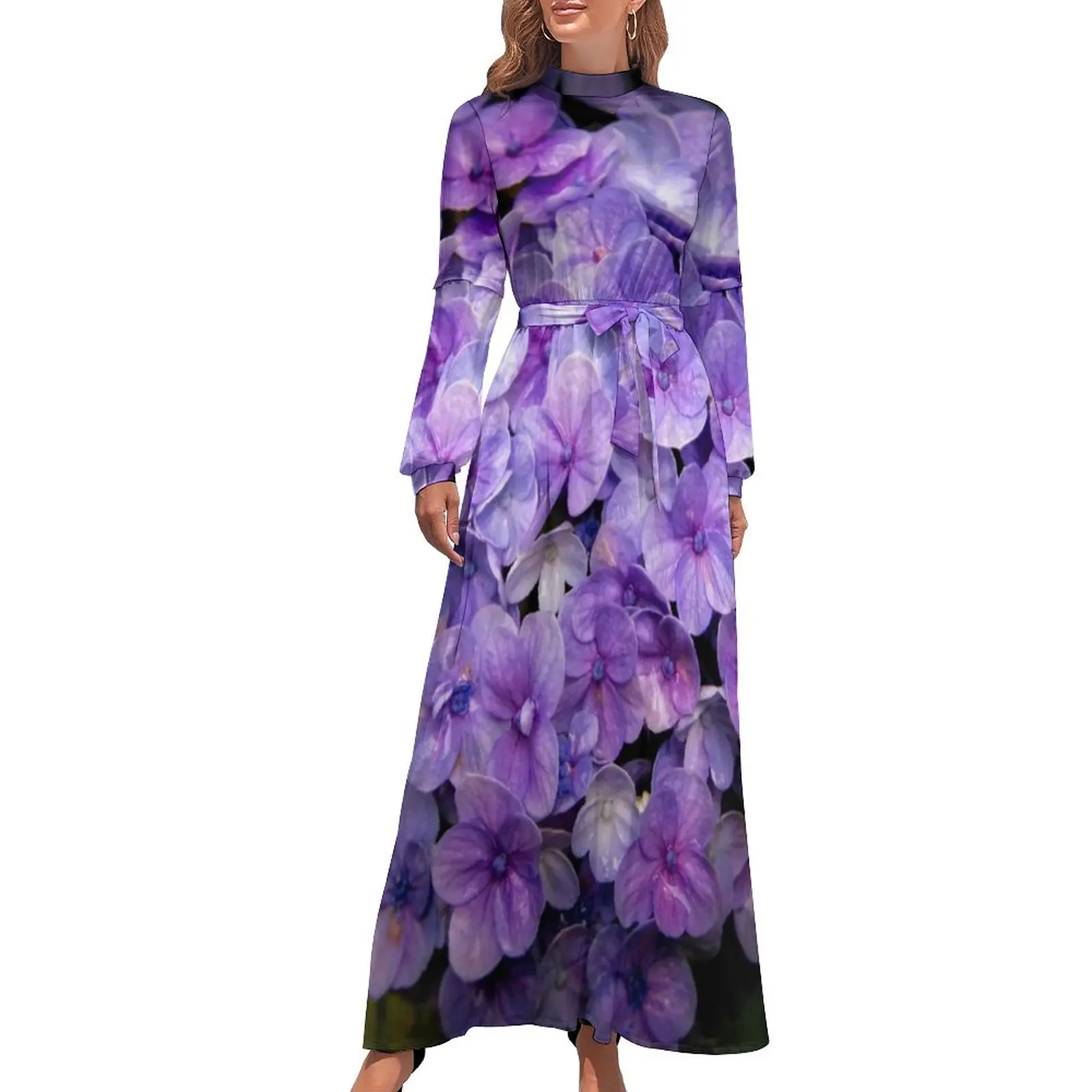 

Lavender Dress Purple Day Flowers Print Elegant Pattern Maxi Dress High Waist Long Sleeve Aesthetic Bohemia Long Dresses