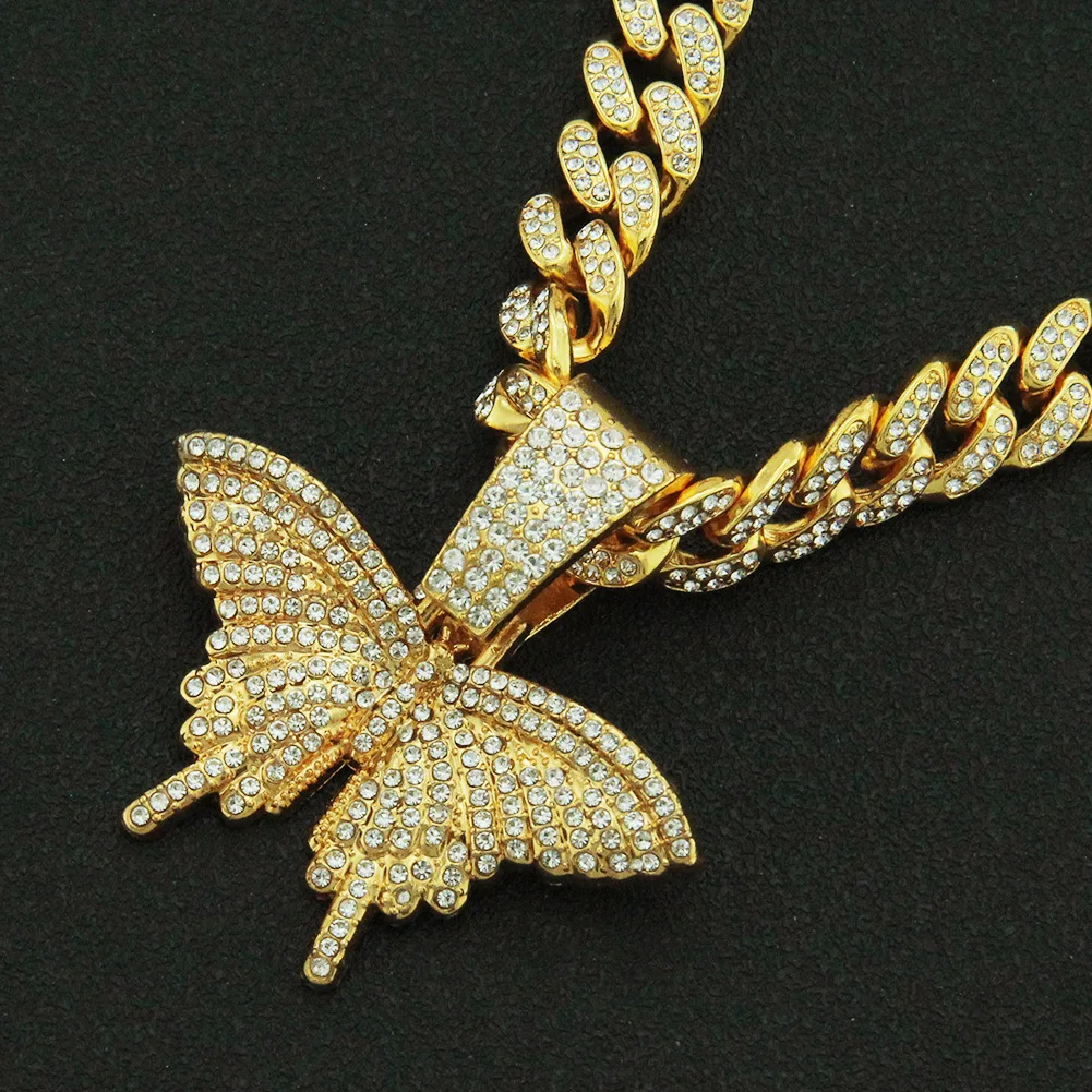 

Iced Out Cuban Chains Bling Diamond Butterfly Rhinestone Pendants Mens Necklaces Hip Hop Club Gold Jewelry for Male Women Choker