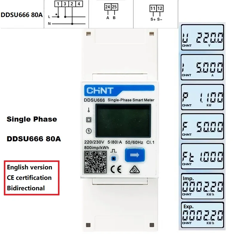 CHINT DDSU666 DTSU666 80A Single Three Phase MODBUS RS485  Bi-directional Smart Energy Power KWH Electric Solar Meter Wattmeter 3