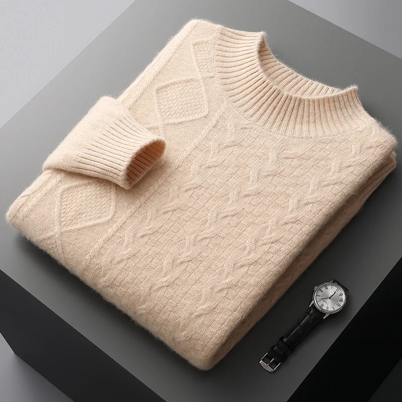 Autumn and winter 100% pure wool men's half-height thick round neck sweater Jacquard solid color knitted cashmere sweater