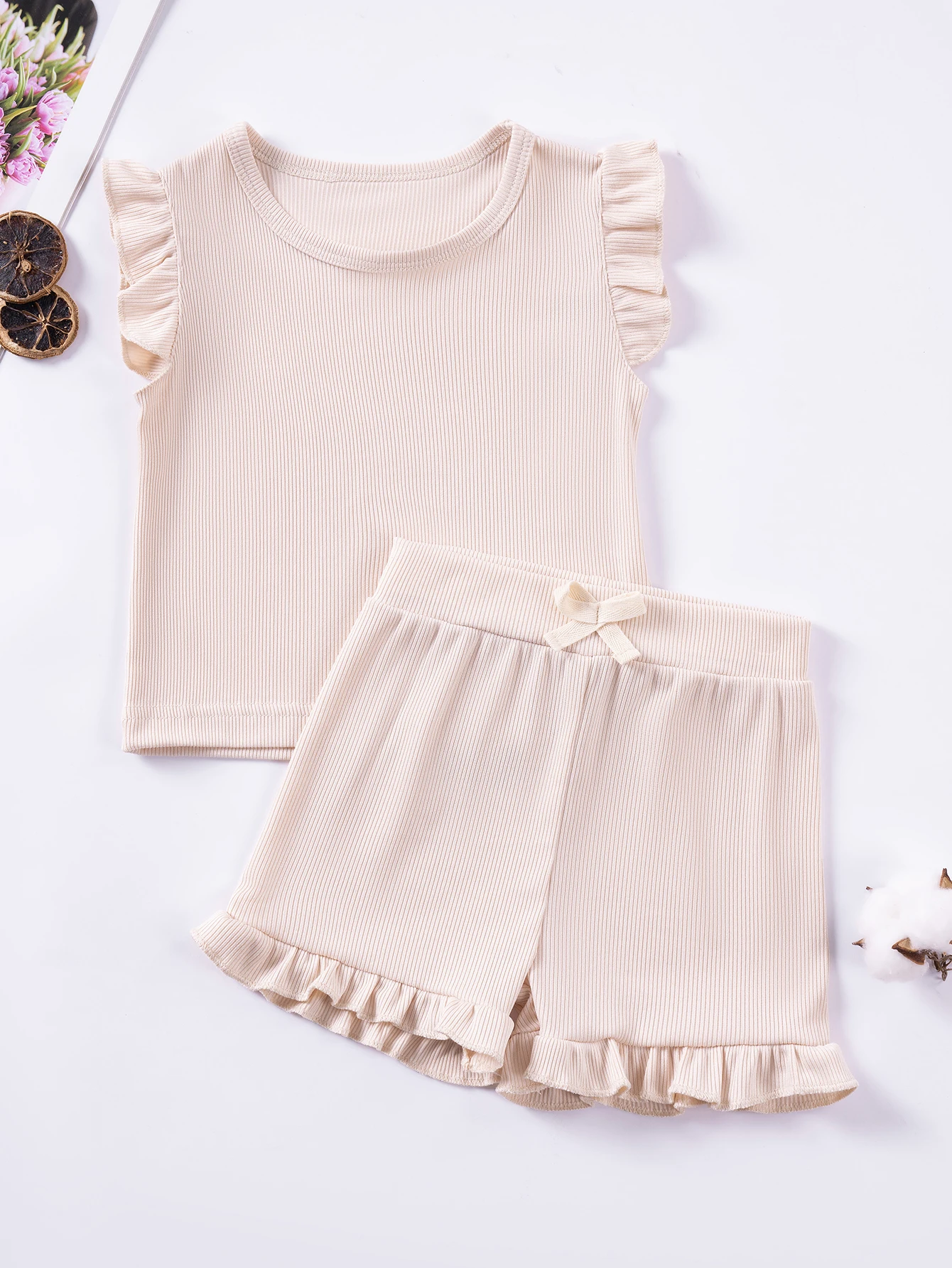 Sommer Einfarbig Kleinkind Ärmelloses Set Mädchen Dash Sleeve Top + Shorts Elastische Taille Kleidung Set 2 stücke Rüschen Kinder kleidung – Detail 2