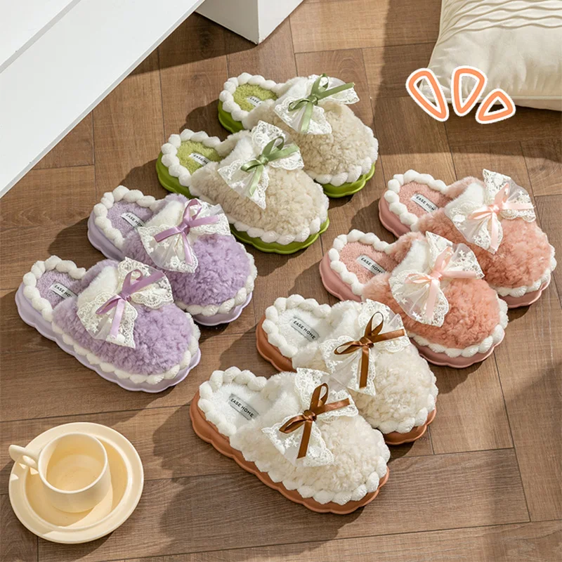 Green Faux Fur Warm Women's Home Slippers Elegant Lace Bowknot Detor Plush Slippers Women Soft Thick Bottom House Shoes Lady