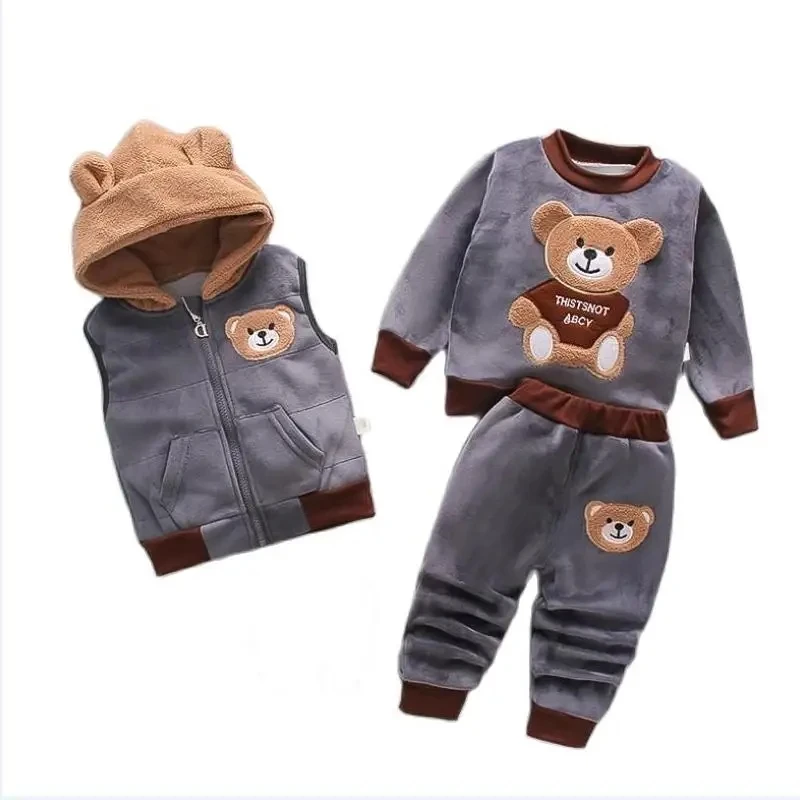 Autumn Winter Girls Boys Cotton Hooded Coats Pants Set 0-4Y