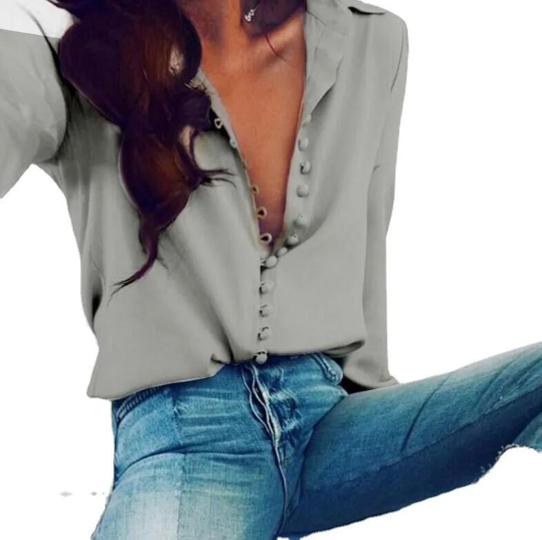 Women Fashion Casual Solid Long Sleeve Blouse Lapel Office Lady Blouse Women Sexy Buttoned Regular Spring Summer Tops 2024 New