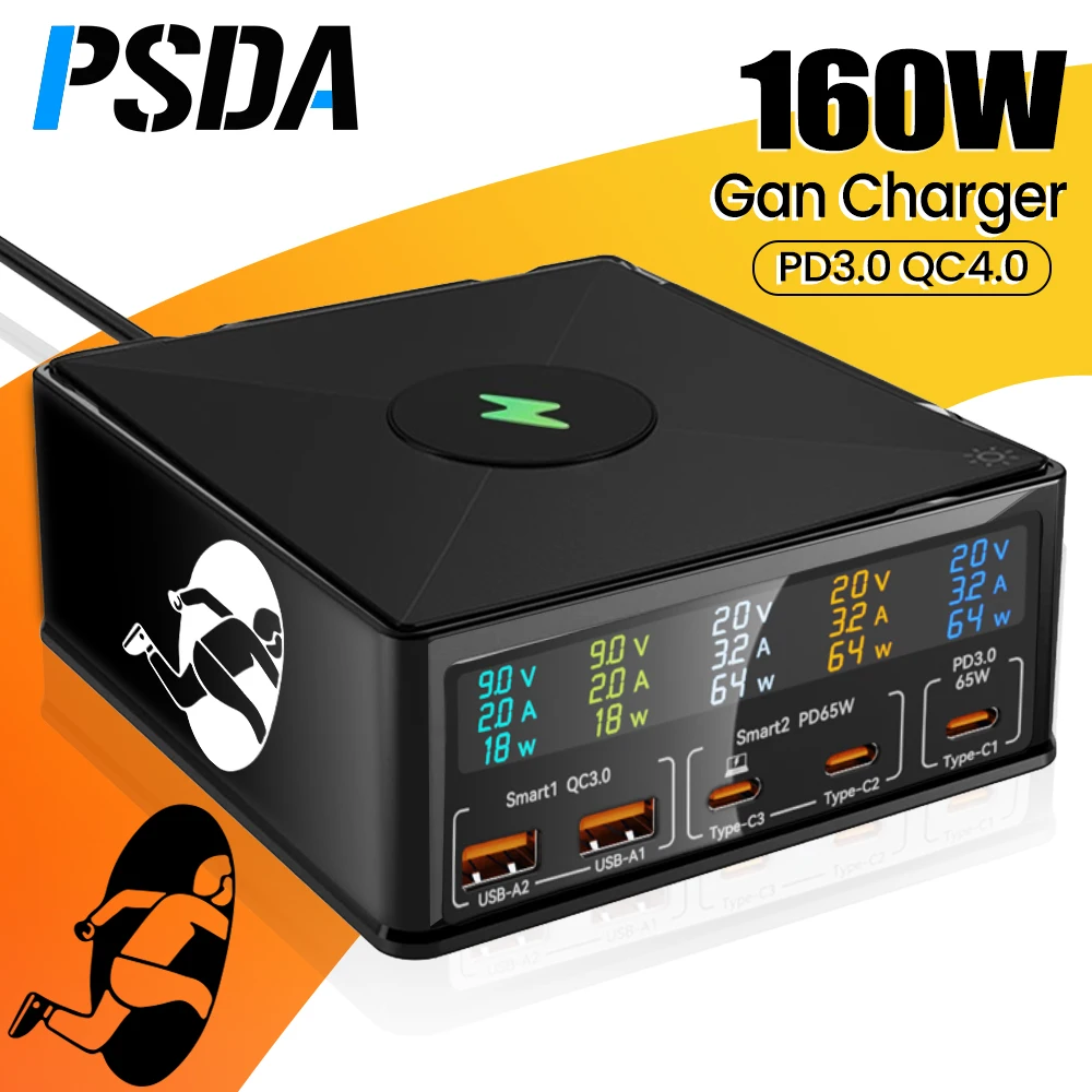 psda-3d-160w-gan-charger-usb-c-fast-charger-pd30-65w-wireless-quick-charge-qc30-for-iphone-15-14-pro-macbook-samsung-laptop