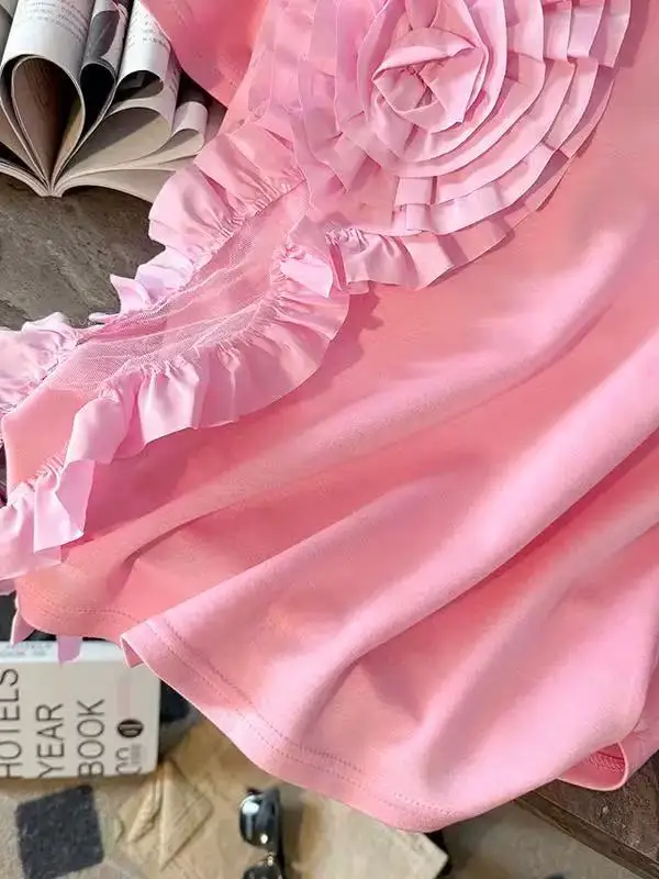 2026 Ropa Mujer Sommer T-Shirts für Damen O-Ausschnitt Temperamentvolle Lässige Oberteile 3D Blumen-Mode T-Shirts Koreanische Baumwoll-Tops – Detail 3