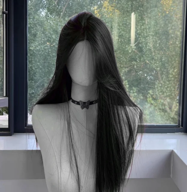 Perruque noire pour femmes, cheveux longs et lisses, bandeau, perruque Lace Front Wig, tempérament Cosplay pour usage quotidien, perruques synthétiques noires Lolita 1