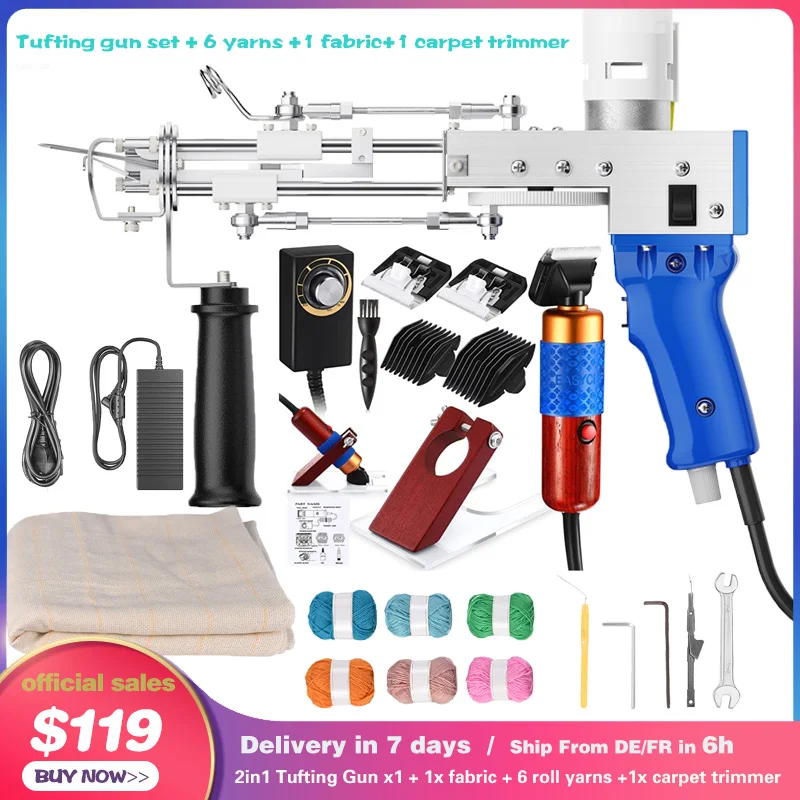 Pistola Per Tufting 2 In 1 Con Manico Girevole 360° – Taglio E Loop Regolabili, Velocità 5-45 P/s, Altezza Pelo 4-19mm, Per Tappeti E Tessuti (Blu)
