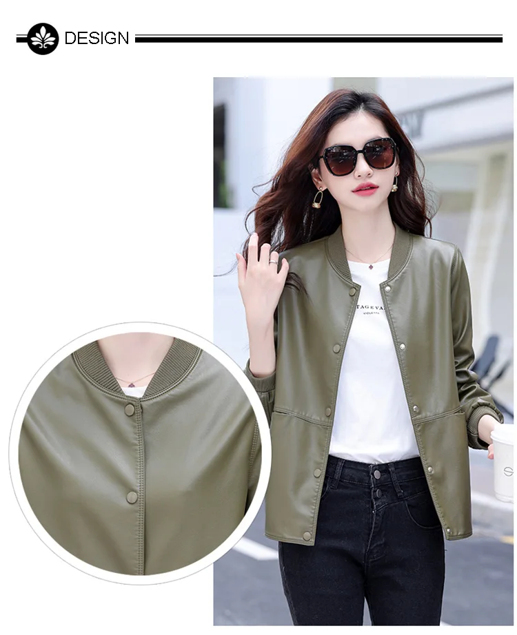 New Women Casual Leather Jacket Spring Autumn Fashion Patchwork V-Neck Single Breasted Loose Short Outerwear Split Leather