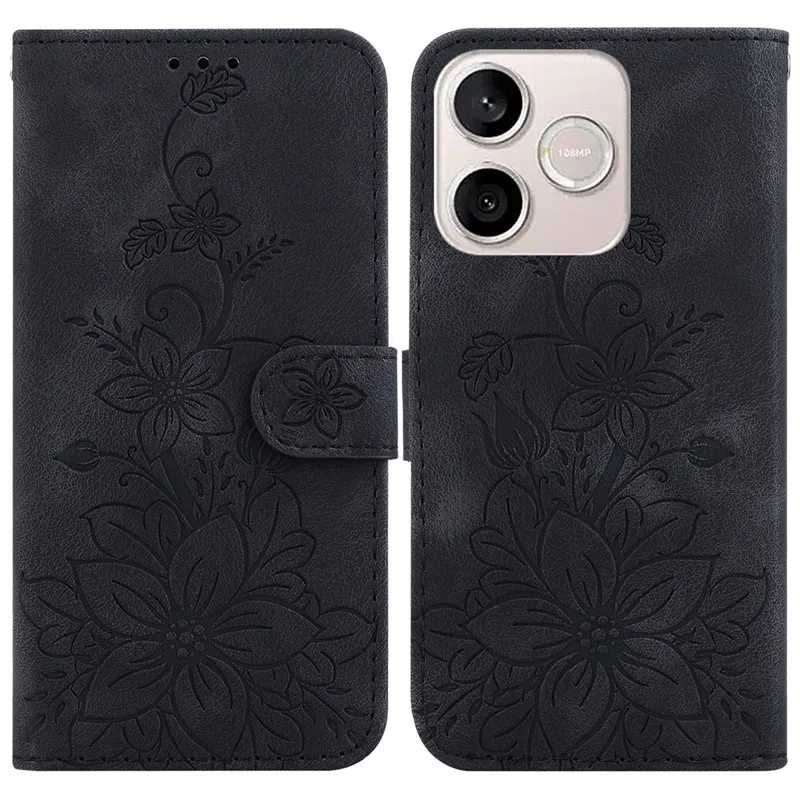 Floral Flip Cover Wallet Bag with Magnetic Closure - Lily Design in Leather
