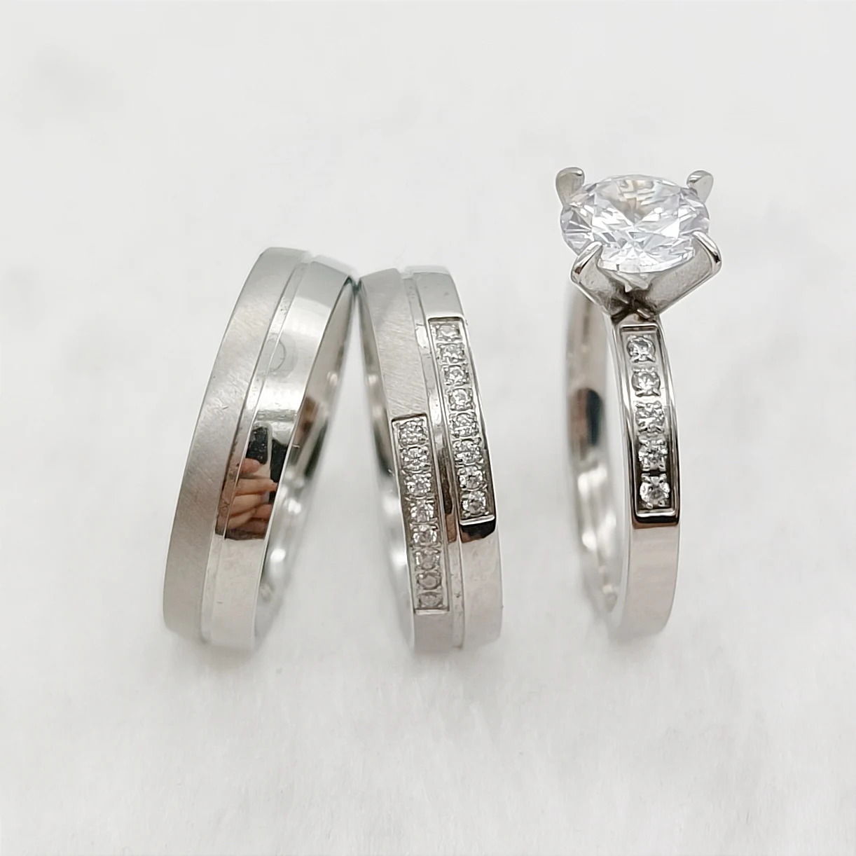 그와 그녀의 결혼 약혼 반지 신부 세트, 연인 커플용, 실버 화이트 골드, 316L 스테인리스 스틸 주얼리, 3 개