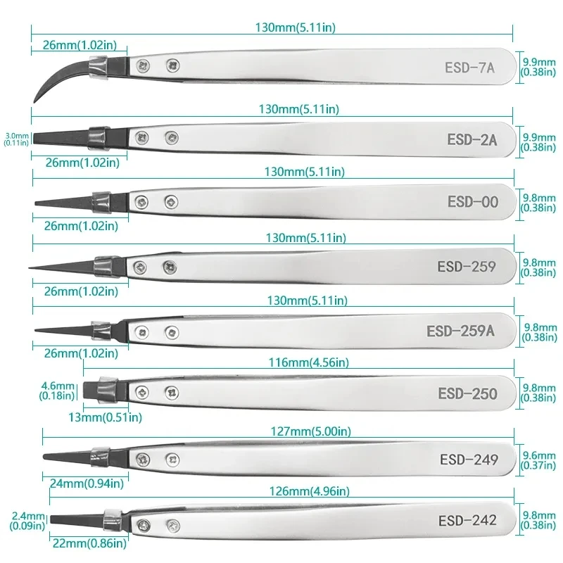 1 조각 정전기 방지 ESD 핀셋 교체 가능한 핀셋 팁 스테인레스 스틸 바디 탄소 섬유 전도성 플라스틱 핀셋