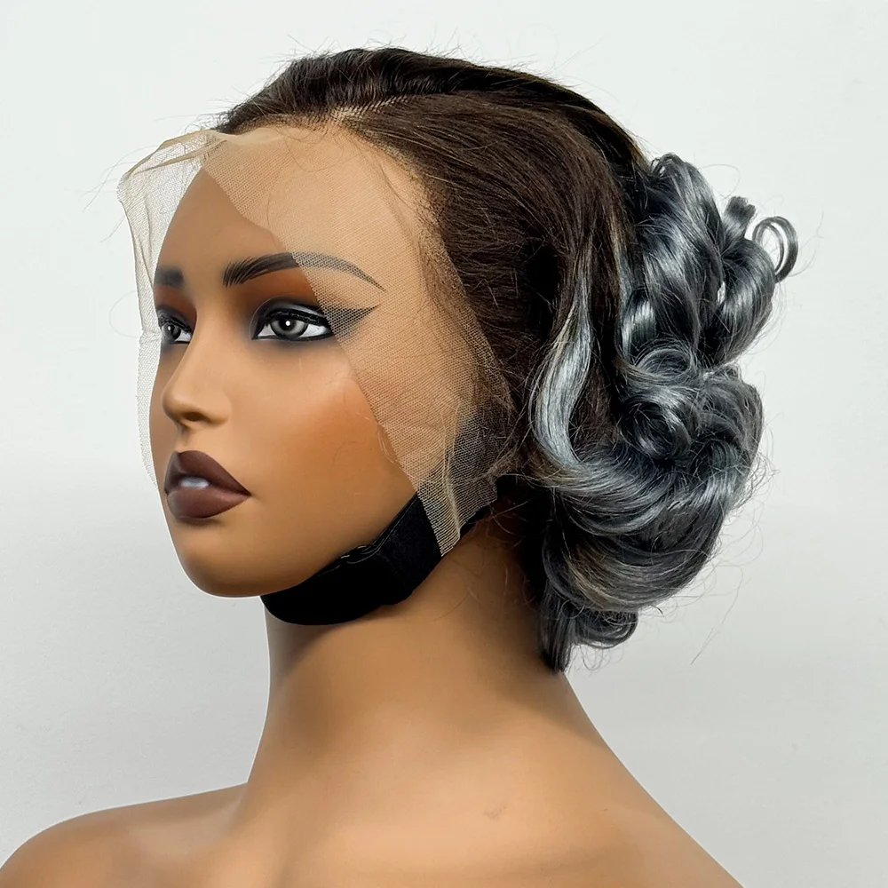 8 Inch 13x4 Transparent Lace Front Loose Wave Human Hair Wig Gray Color 250% Density Short Bob Bouncy Curly Wigs for Black Women