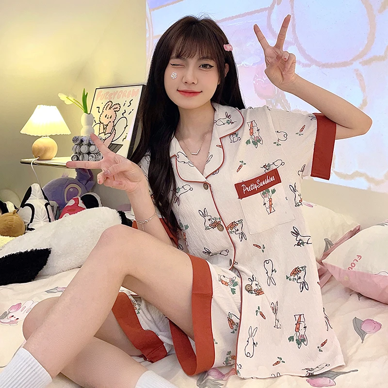 

Summer New Women Pyjamas Clothes Sleepwear Sweet Girl Cartoon Bunny print Casual Lady's Pajama Shorts Sleeve Pijama Sets Pyjama