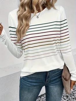 Women's New Spring and Autumn Striped Long-Sleeve T-Shirt, Casual Thin All-Match Pullover Bottoming Shirt 1