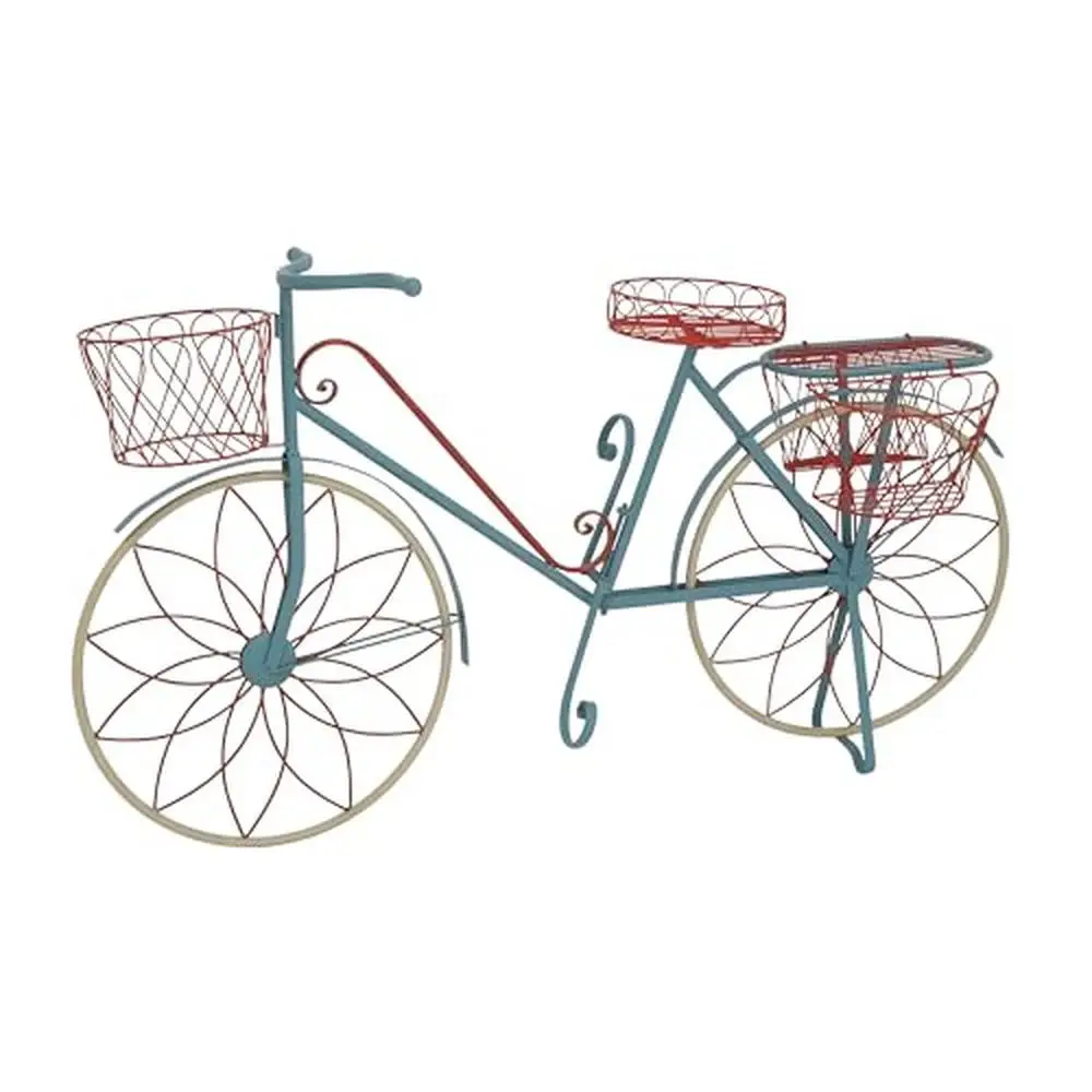 Vintage Metal Plant Stand with Wire Design and Basket Blue & Red Flower Pot Holder with Scrollwork Indoor Outdoor Plant Shelf