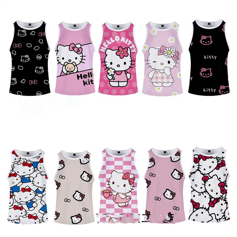 

Kawaii Sanrio Anime Vest Cute Hello Kitty Cartoon Round Neck Couple Style Soft Comfortable Loose and Versatile Top Gift for Girl