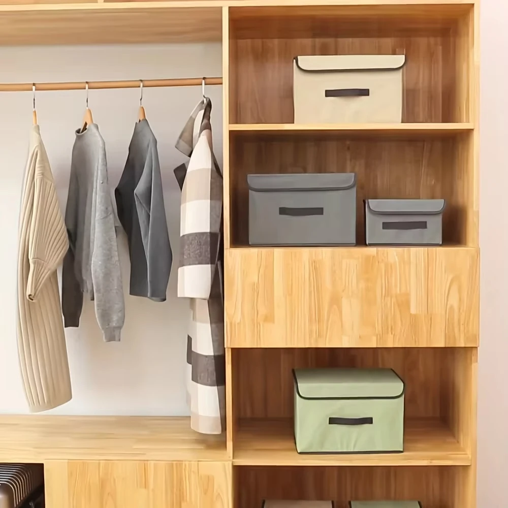 1pc Imitation Linen Fabric Storage Box Foldable Portable Dustproof Storage Bin With Lid Clothes Sundries Storage Organizer 3