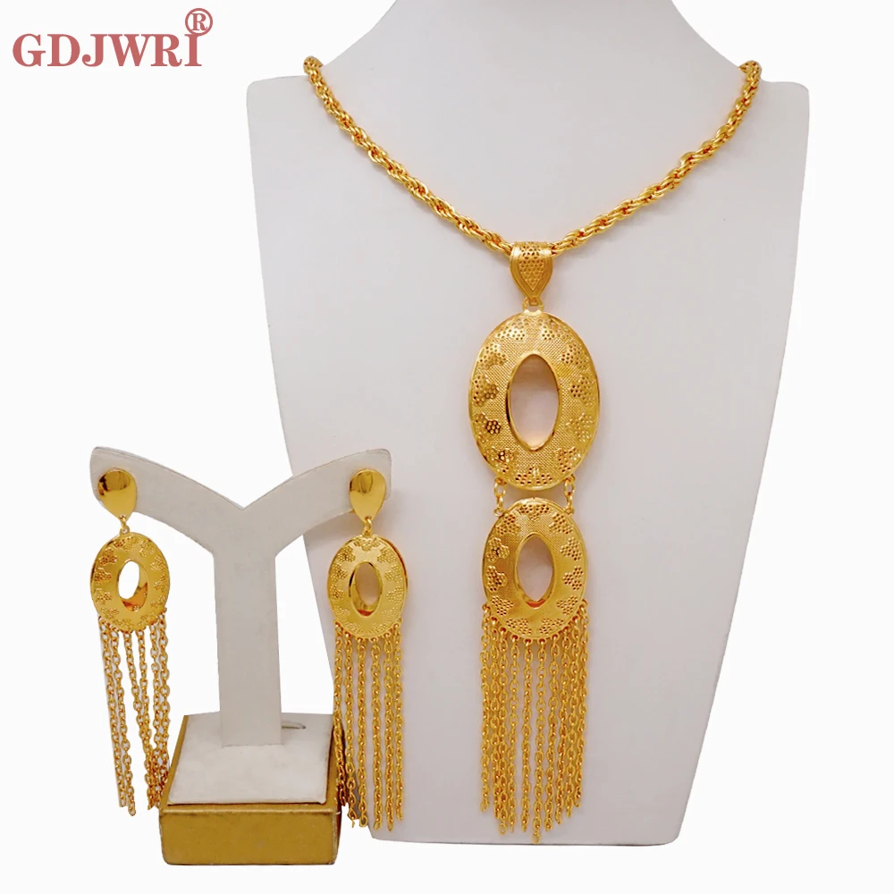 

Fashion Round Long Necklace Tassels Earrings Set For Women Dubai Gold Color Jewelry India Ethiopian Wedding Party Gifts